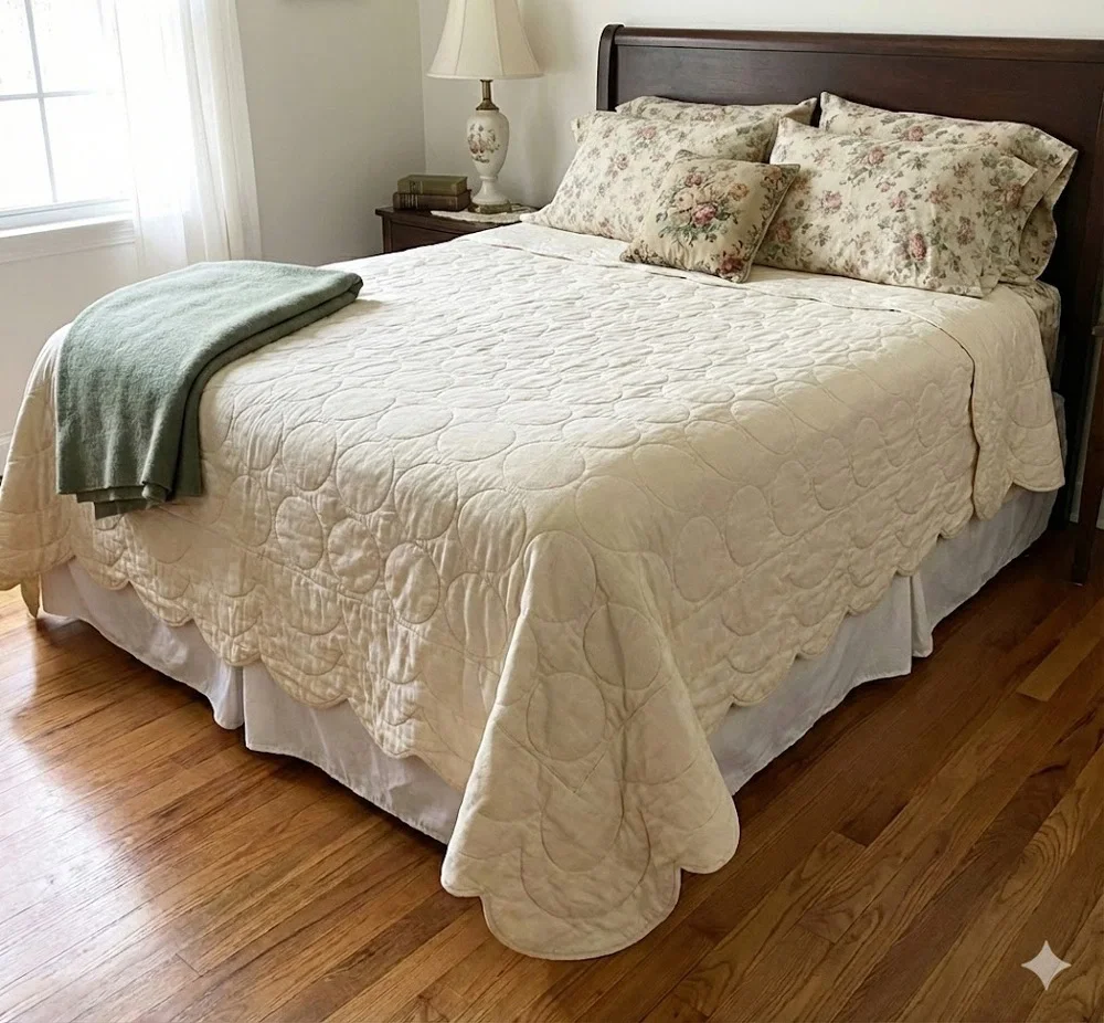 Vintage Cream Circle MCM quilted coverlet bedspread Full Double Drop Sides